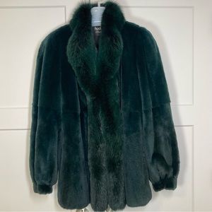 Hudson’s Fur Mink Forest Green Dyed Sheared Stroller Jacket Fox Tuxedo Vintage